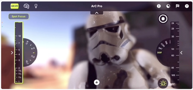 Viz Pro camera UI with focus and focal-length dials