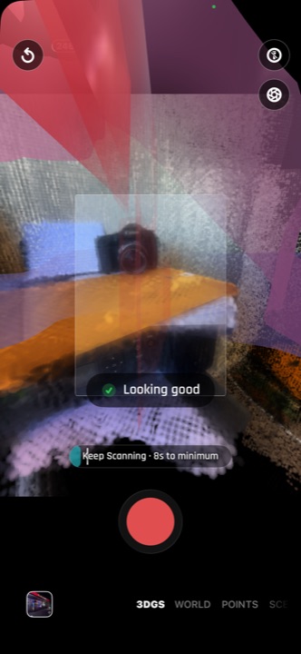 Live 3DGS capture screen with scanning guidance