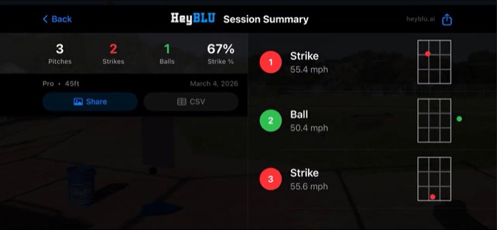 HeyBLU session summary with pitch-by-pitch analytics