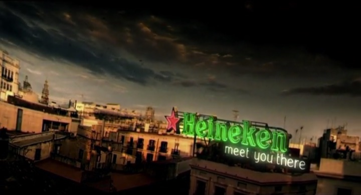 Heineken neon sign over Barcelona rooftops