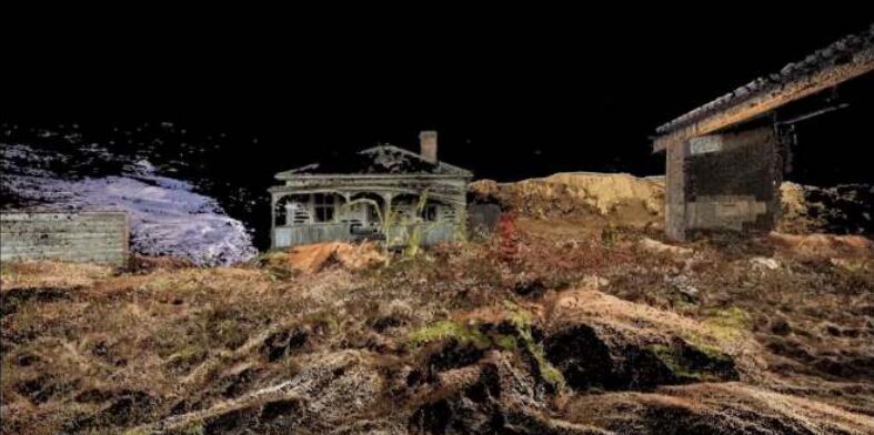 Scanned homestead and sheds rendered as a point cloud
