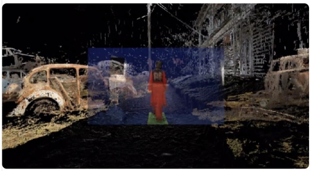 Point-cloud street scene with a figure in red from Sifted
